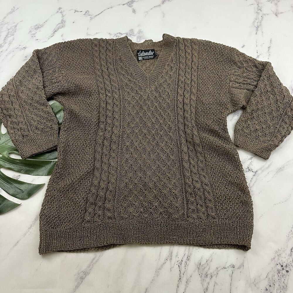 Nordic Design Hand Knitted Womens Sweater Size L Taupe Gray Open Knit Pullover